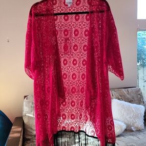 LulaRoe red kimono with black fringe